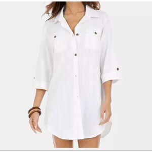 Dotti Women's Dress White 100% Cotton Crepe Button Down 3/4 Sleeves Shirt Size L